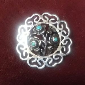 Vintage Sterling Silver Turquoise Flowers Brooch